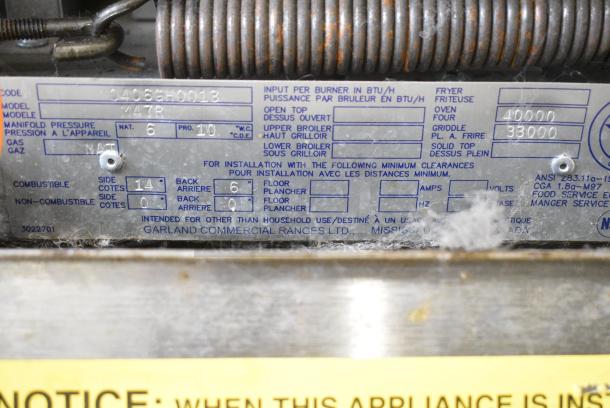 Garland M47R Stainless Steel Commercial Natural Gas Powered Flat Top Griddle w/ Oven and Back Splash. - Image 6 of 7