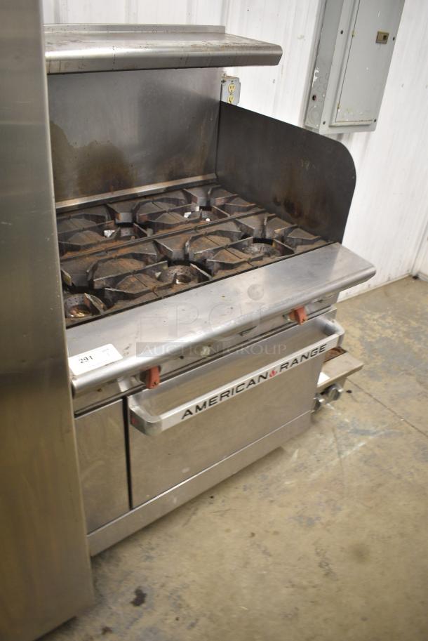 American Range Stainless Steel Commercial Natural Gas Powered 6 Burner Range w/ Oven, Over Shelf, Back Splash and Right Side Splash Guard. - Image 2 of 7