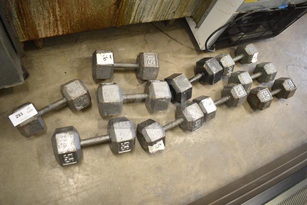 10 Metal Hex Dumbbells Including 55 Pounds, 50 Pounds, 45 Pounds, 35 Pounds. 10 Times Your Bid! - Image 1 of 6
