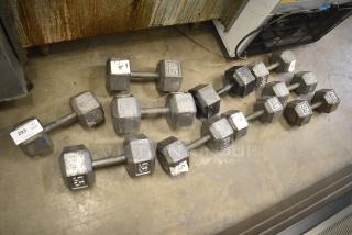 10 Metal Hex Dumbbells Including 55 Pounds, 50 Pounds, 45 Pounds, 35 Pounds. 10 Times Your Bid!