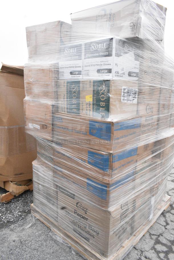 40 BRAND NEW! Boxes Including 500TO993C3 Choice 9" x 9" x 3" Microwaveable 3-Compartment Black / Clear Plastic Hinged Container - 100/Case, 2 Box 5001DWALLW Choice 10 oz. White Smooth Double Wall Paper Hot Cup, 433NHT003 Choice 1/5 Large Size White Unprinted Medium-Duty T-Shirt Bag - 500/Case, 500LFLAT42 Choice Clear Plastic Flat Lid with Straw Slot 42 oz. - 500/Case, 5002CPTE Lavex 2-Ply White Center Pull Paper Towel 510' Roll - 6/Case, 2 Box 394345L Noble NexGen Powder-Free Disposable Black Hybrid 3 Mil Thick Gloves - Large - 1000/Case, 3 Box Lavex Center Pull Paper Towel Rolls, 500CC20HD 20 oz. Plastic Cold Cup - 600/Case. 40 Times Your Bid! - Image 4 of 15