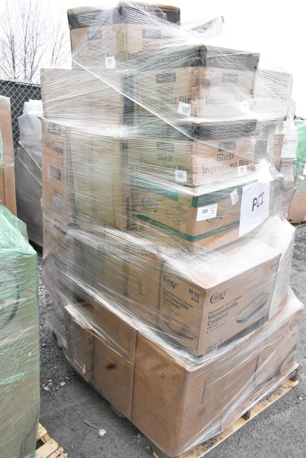 38 BRAND NEW! Boxes Including 176IB40 Baker's Lane 2.6 Gallon / 40 Cup Shelf Ingredient Bin with Flip Lid, Label Sheet, and Scoop, 129MCS38B Choice 38 oz. Black Rectangular Microwavable Heavy Weight Container with Lid 8 3/4" x 6 1/4" x 2" - 150/Case, 500CC12HD 12 oz. Plastic Cold Cup - Designed for Use Without Lids - 1000/Case, 129MCS38B Choice 38 oz. Black Rectangular Microwavable Heavy Weight Container with Lid 8 3/4" x 6 1/4" x 2" - 150/Case, 127CH06 Choice 6 oz. Clear RPET Hinged Deli Container - 400/Case, 500L1020B Choice Black Hot Paper Cup Travel Lid for 10-24 oz. Standard Cups and 8 oz. Squat Cups - 1000/Case, 50012W CUP 12oz PAP HOT WHITE 1M LID 500L1020B/W. 38 Times Your Bid! - Image 2 of 16