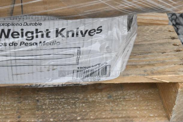 30 BRAND NEW! Boxes Including 130WKNIFEWP Choice 6 1/2" Individually Wrapped Medium Weight White Polypropylene Plastic Knife - 1000/Case, 347RSG1 Choice 1 oz. Clear Plastic Shot Glass - 2500/Case. 30 Times Your Bid! - Image 8 of 9