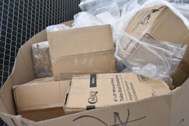 40 BRAND NEW! Boxes Including 130BKFKSNSPX500 Choice Black Extra Heavy Weight Wrapped Polystyrene Plastic Cutlery Pack with Napkin and Salt and Pepper Packets - 500/Case, 500TW35 Choice 3.5 oz. Translucent Thin Wall Plastic Cold Cup - 2500/Case, 500MF883W3C Choice 8" x 8" 3-Compartment Microwaveable White Mineral-Filled Plastic Hinged Take-Out Container - 150/Case, 612FS7800 Choice Full Size Foil Steam Table Pan Medium 2 3/16" Depth - 50/Case, 500TW35 Choice 3.5 oz. Translucent Thin Wall Plastic Cold Cup - 2500/Case. 40 Times Your Bid! - Image 2 of 9