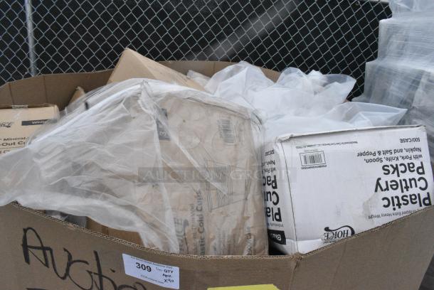 40 BRAND NEW! Boxes Including 130BKFKSNSPX500 Choice Black Extra Heavy Weight Wrapped Polystyrene Plastic Cutlery Pack with Napkin and Salt and Pepper Packets - 500/Case, 500TW35 Choice 3.5 oz. Translucent Thin Wall Plastic Cold Cup - 2500/Case, 500MF883W3C Choice 8" x 8" 3-Compartment Microwaveable White Mineral-Filled Plastic Hinged Take-Out Container - 150/Case, 612FS7800 Choice Full Size Foil Steam Table Pan Medium 2 3/16" Depth - 50/Case, 500TW35 Choice 3.5 oz. Translucent Thin Wall Plastic Cold Cup - 2500/Case. 40 Times Your Bid! - Image 3 of 9