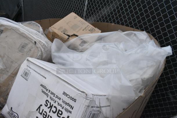 40 BRAND NEW! Boxes Including 130BKFKSNSPX500 Choice Black Extra Heavy Weight Wrapped Polystyrene Plastic Cutlery Pack with Napkin and Salt and Pepper Packets - 500/Case, 500TW35 Choice 3.5 oz. Translucent Thin Wall Plastic Cold Cup - 2500/Case, 500MF883W3C Choice 8" x 8" 3-Compartment Microwaveable White Mineral-Filled Plastic Hinged Take-Out Container - 150/Case, 612FS7800 Choice Full Size Foil Steam Table Pan Medium 2 3/16" Depth - 50/Case, 500TW35 Choice 3.5 oz. Translucent Thin Wall Plastic Cold Cup - 2500/Case. 40 Times Your Bid! - Image 4 of 9