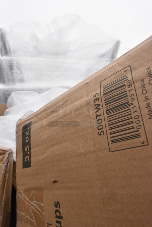 40 BRAND NEW! Boxes Including 130BKFKSNSPX500 Choice Black Extra Heavy Weight Wrapped Polystyrene Plastic Cutlery Pack with Napkin and Salt and Pepper Packets - 500/Case, 500TW35 Choice 3.5 oz. Translucent Thin Wall Plastic Cold Cup - 2500/Case, 500MF883W3C Choice 8" x 8" 3-Compartment Microwaveable White Mineral-Filled Plastic Hinged Take-Out Container - 150/Case, 612FS7800 Choice Full Size Foil Steam Table Pan Medium 2 3/16" Depth - 50/Case, 500TW35 Choice 3.5 oz. Translucent Thin Wall Plastic Cold Cup - 2500/Case. 40 Times Your Bid! - Image 9 of 9