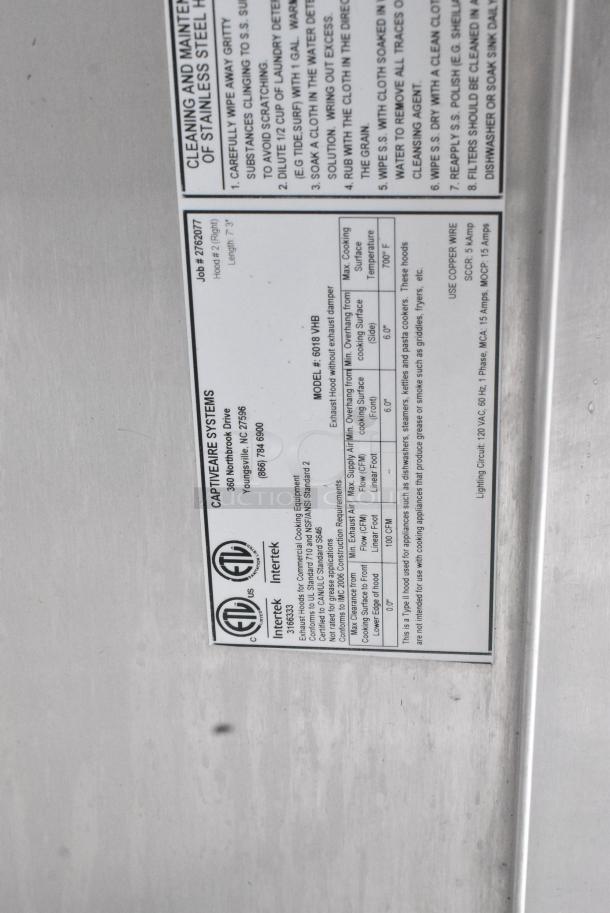 8' CaptiveAire 6018 VHB Stainless Steel Steam Hood w/ Lights. - Image 4 of 4