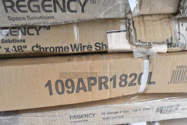 12 BRAND NEW SCRATCH AND DENT! Items Including 460ECSC1836 Regency NSF Chrome Wire Security Cage - 18" x 36" x 61", 460EC2460 Regency 24 x 60 Wire Shelf, 522ETOB3060 Steelton 30" x 60" 18-Gauge 430 Stainless Steel Open Base Work Table, 109APR1820L Regency 20 Pan End Load Bun / Sheet Pan Rack with Non-Marking Casters - Unassembled, 600T2472G Regency 24" x 72" 18-Gauge 304 Stainless Steel Commercial Work Table with Galvanized Legs and Undershelf. 12 Times Your Bid! May Be Missing Pieces. - Image 5 of 6
