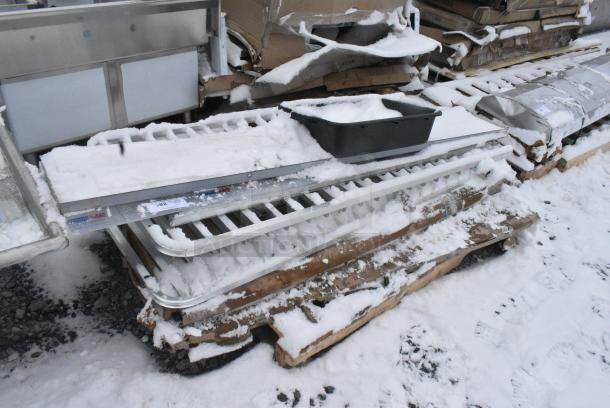 ALL ONE MONEY! Pallet Lot of Various BRAND NEW SCRATCH AND DENT! Items Including 3493060TBA Lancaster Table & Seating 30" x 60" Rectangular Reversible White Birch / Ash Laminated Table Top, Metal Pan Rack Pieces - Image 1 of 3