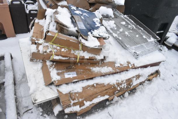 8 BRAND NEW SCRATCH AND DENT! Items Including 750FW46 Waterloo Wall-Mounted Faucet with 4" Centers and 6" Swing Spout, GET BF-1050-AW Settlement 10 1/2" Ivory (American White) Melamine Round Coupe Dinner Plate - 12/Case, Two 3493048BBMAH Lancaster Table & Seating 30" x 48" Wood Butcher Block Table Top with Mahogany Finish. 8 Times Your Bid! - Image 1 of 7