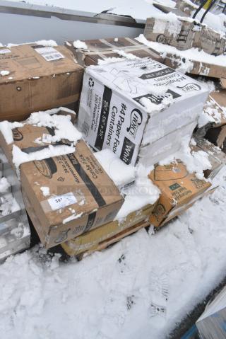 10 BRAND NEW SCRATCH AND DENT! Boxes Including 129MCR24B Choice 24 oz. Black Round Microwavable Heavy Weight Container with Lid 7 1/4" - 150/Case, 130SERVSP8BK Visions 8 1/2" Black Disposable Plastic Serving Spoon - 72/Case, 795PTOWHT4 Choice White Microwavable Folded Paper #4 Take-Out Container 7 3/4 x 5 1/2 x 3 1/2 160 Case. 10 Times Your Bid!