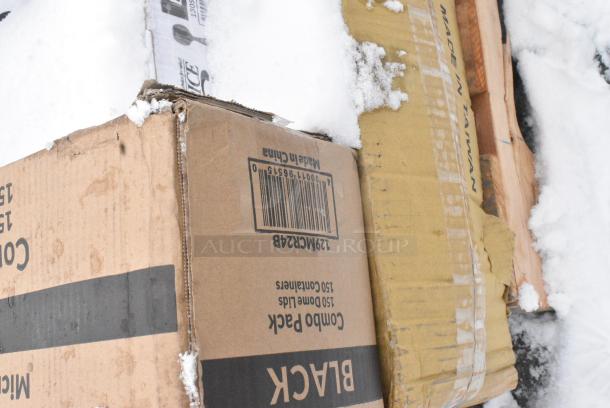 10 BRAND NEW SCRATCH AND DENT! Boxes Including 129MCR24B Choice 24 oz. Black Round Microwavable Heavy Weight Container with Lid 7 1/4" - 150/Case, 130SERVSP8BK Visions 8 1/2" Black Disposable Plastic Serving Spoon - 72/Case, 795PTOWHT4 Choice White Microwavable Folded Paper #4 Take-Out Container 7 3/4 x 5 1/2 x 3 1/2 160 Case. 10 Times Your Bid! - Image 2 of 5