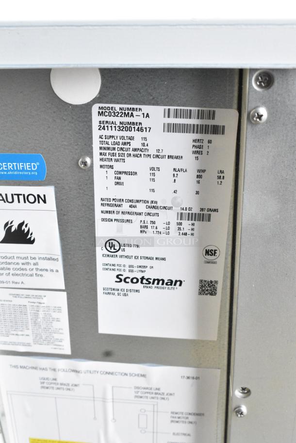 BRAND NEW SCRATCH AND DENT! 2024 Scotsman MC0322MA-1A Prodigy Elite Series 22" Air Cooled Medium Cube Ice Machine - 356 lb. 115 Volts, 1 Phase. - Image 4 of 4