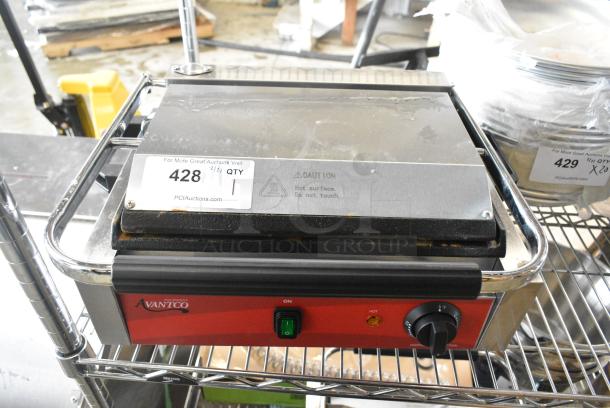 BRAND NEW SCRATCH AND DENT! 2024 Avantco PG200GS Commercial Panini Sandwich Grill with Grooved Top and Smooth Bottom Plates, and 13 3/8" x 8 3/4" Cooking Surface. 120 Volts, 1 Phase. Tested and Working! - Image 1 of 10
