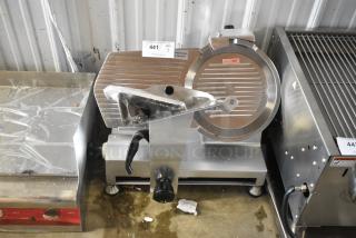 BRAND NEW SCRATCH AND DENT! Avantco 177SL512 Stainless Steel 12" Manual Gravity Feed Meat Slicer. 110-120 Volts, 1 Phase. Tested and Powers On But Parts Do Not Move. Unit Will Work If Bent Guard is Fixed.