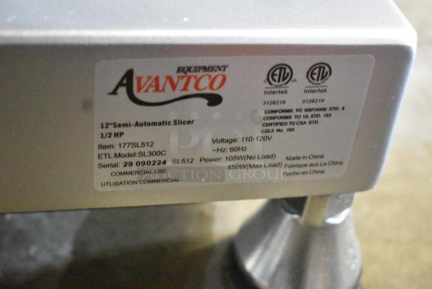 BRAND NEW SCRATCH AND DENT! Avantco 177SL512 Stainless Steel 12" Manual Gravity Feed Meat Slicer. 110-120 Volts, 1 Phase. Tested and Powers On But Parts Do Not Move. Unit Will Work If Bent Guard is Fixed. - Image 6 of 6