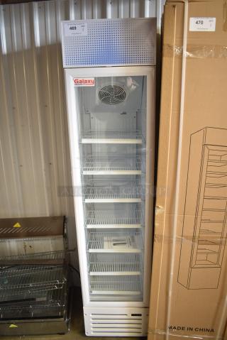 BRAND NEW IN BOX! Galaxy 177GDN5RBW Metal Commercial Single Door Reach In Cooler Merchandiser with Red, White, and Blue LED Lighting. 110-120 Volts, 1 Phase
