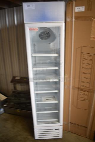 BRAND NEW IN BOX! Galaxy 177GDN5RBW Metal Commercial Single Door Reach In Cooler Merchandiser with Red, White, and Blue LED Lighting. 110-120 Volts, 1 Phase