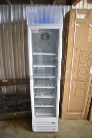 BRAND NEW IN BOX! Galaxy 177GDN5RBW Metal Commercial Single Door Reach In Cooler Merchandiser with Red, White, and Blue LED Lighting. 110-120 Volts, 1 Phase
