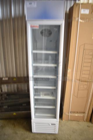 BRAND NEW IN BOX! Galaxy 177GDN5RBW Metal Commercial Single Door Reach In Cooler Merchandiser with Red, White, and Blue LED Lighting. 110-120 Volts, 1 Phase