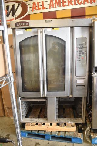 Baxter Stainless Steel Commercial Natural Gas Powered Mini Rotating Rack Oven on Double Pan Rack.