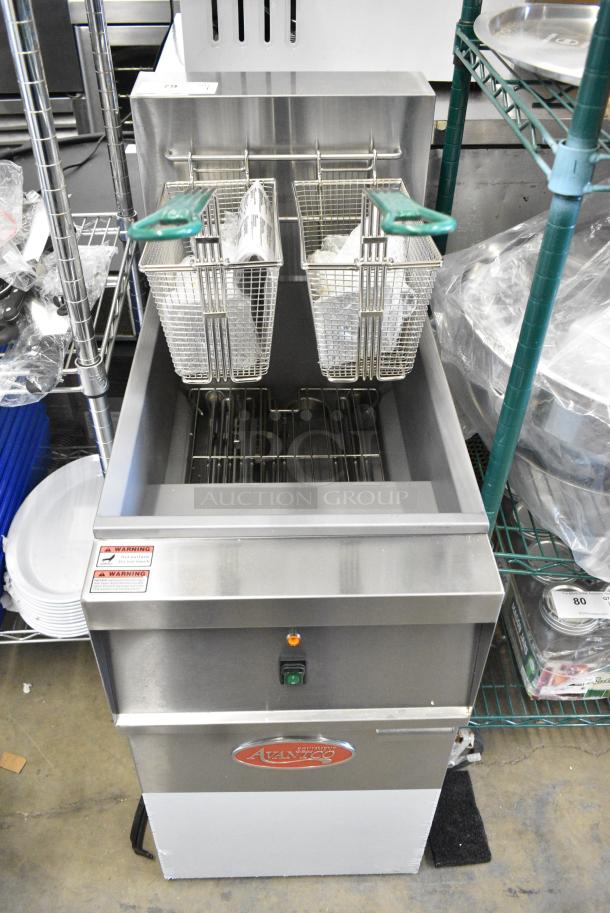 BRAND NEW SCRATCH AND DENT! 2024 Avantco 177EF40B EF40-208-1 Stainless Steel Commercial Floor Style 40 lb. Electric Floor Fryer w/ 2 Metal Fry Baskets. 208 Volts, 1 Phase - Image 1 of 10