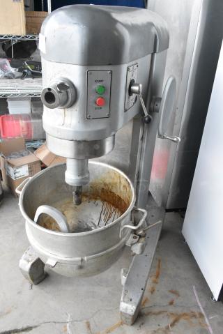 Hobart H-600 Metal Commercial Floor Style 60 Quart Planetary Dough Mixer w/ Metal Mixing Bowl and Dough Hook Attachment. 230 Volts, 1 Phase.