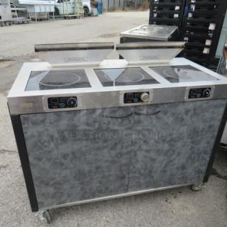 One Spring Mobile Induction Cooking Cart With 3 -2600 Watt Ranges, 2 AF-350 Air Filter Systems, And Power Management System On Casters. 208-240 Volt. 1 Phase. 8500 Watt.  48X24X42. $18,774.01.