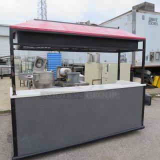 One Mobile Kiosk With A 1 Door Beverage Air Cooler, Under Storage, Handsink, 3 Spring Loaded Cup Dispensers, And Canopy With Lights, On Casters. 96X32.5X85