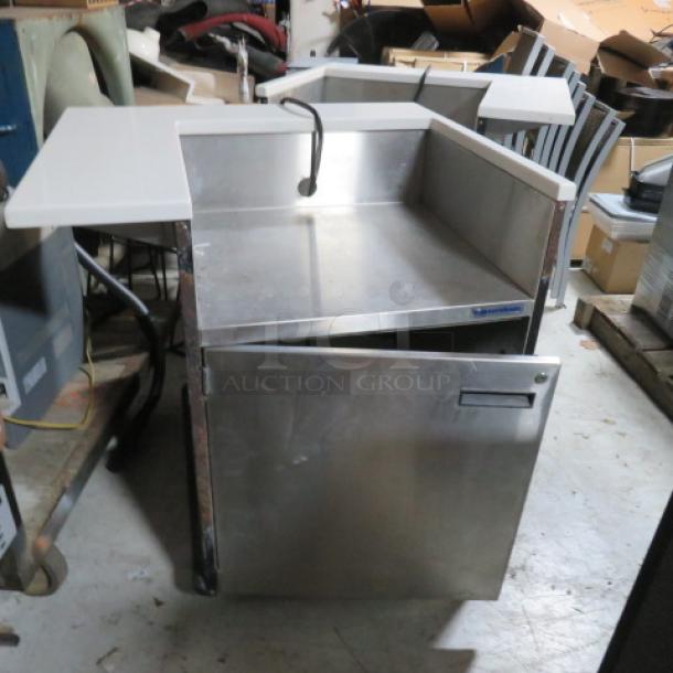 One Mobile Counter/Kiosk With White Marble Look Countertops, And 1 Door Wassertrom SS Under Storage On Casters. 37X32X39 - Image 1 of 2