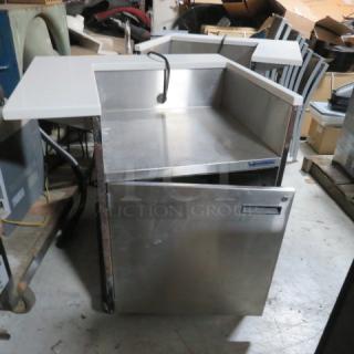 One Mobile Counter/Kiosk With White Marble Look Countertops, And 1 Door Wassertrom SS Under Storage On Casters. 37X32X39