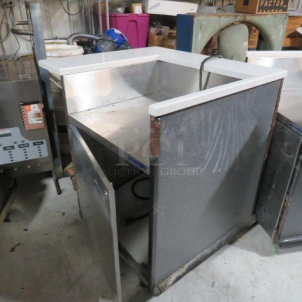 One Mobile Counter/Kiosk With White Marble Look Countertops, And 1 Door Wassertrom SS Under Storage On Casters. 37X32X39 - Image 2 of 2