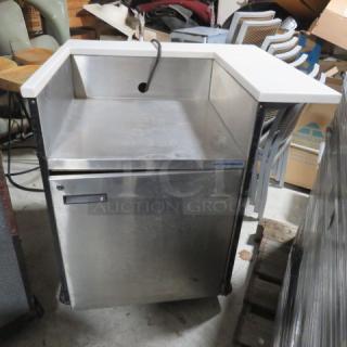One Mobile Counter/Kiosk With White Marble Look Countertops, And 1 Door Wassertrom SS Under Storage On Casters. 37X32X39