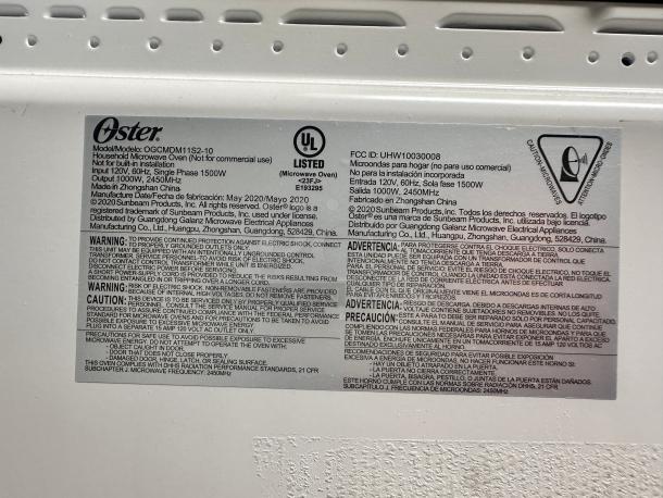 Oster OGCMDM11S2-10 Microwave Oven 115volt Tested and Working! - Image 5 of 6