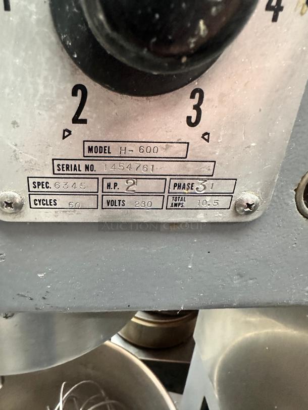 Excellent Hobart  H-600 60 Qt. Planetary Floor Mixer  - 220V, 3 Phase, 2 hp Tested and Working! - Image 11 of 12