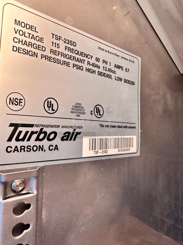 Excellent Turbo Air TSR-23SD 27" One Section Reach In Refrigerator, (1) Right Hinge Solid Door, 115v Tested and Working! - Image 6 of 7