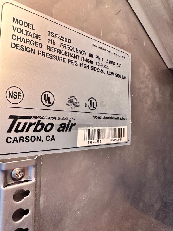 Excellent Turbo Air TSR-23SD 27" One Section Reach In Refrigerator, (1) Right Hinge Solid Door, 115v Tested and Working! - Image 7 of 7