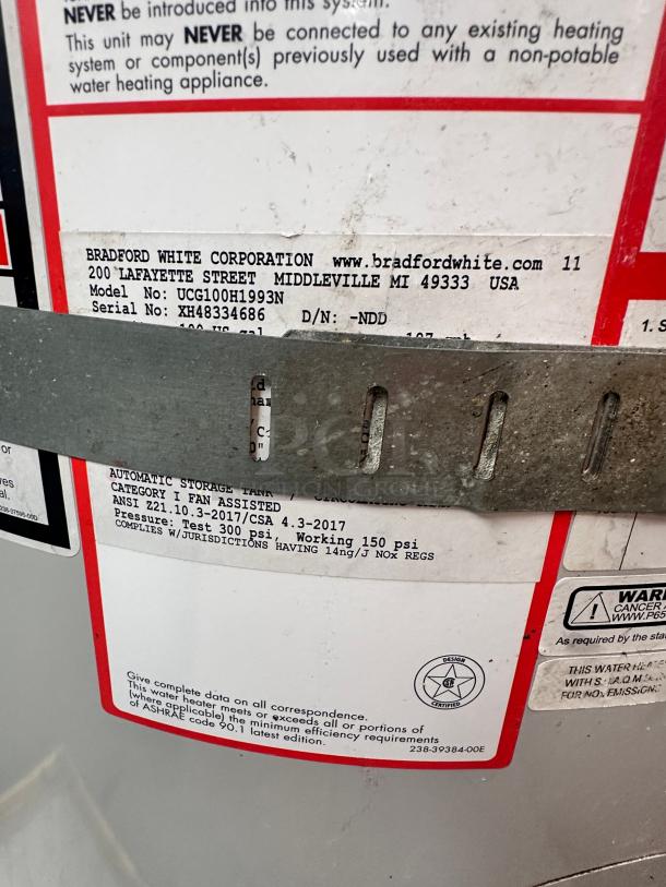 Excellent Bradford UCG-100H-199-3N 100 Gallon 199,999 BTU Commercial Water Heater Tested and Working! - Image 8 of 11