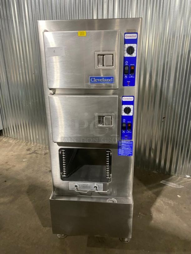 Cleveland Range Gemini Series Commercial Stainless Steel Natural Gas Powered 6 Pan Convection Steamer! With Upper & Lower Compartments! With Enclosed Pan Storage Underneath! With Built In Pan Holding Racks! Model: 24CGA6 SN: WC-69192-00F-01! On Legs! - Image 1 of 10