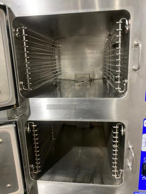 Cleveland Range Gemini Series Commercial Stainless Steel Natural Gas Powered 6 Pan Convection Steamer! With Upper & Lower Compartments! With Enclosed Pan Storage Underneath! With Built In Pan Holding Racks! Model: 24CGA6 SN: WC-69192-00F-01! On Legs! - Image 6 of 10