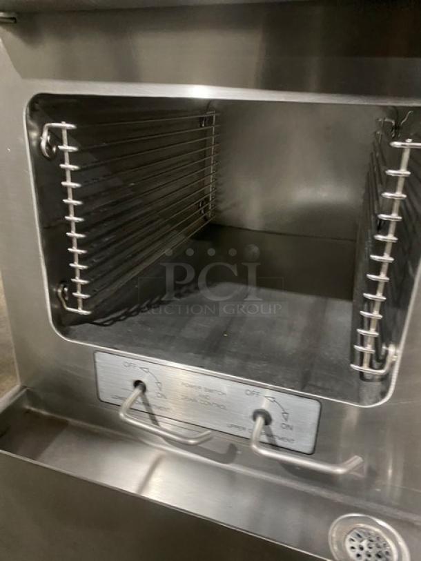 Cleveland Range Gemini Series Commercial Stainless Steel Natural Gas Powered 6 Pan Convection Steamer! With Upper & Lower Compartments! With Enclosed Pan Storage Underneath! With Built In Pan Holding Racks! Model: 24CGA6 SN: WC-69192-00F-01! On Legs! - Image 9 of 10