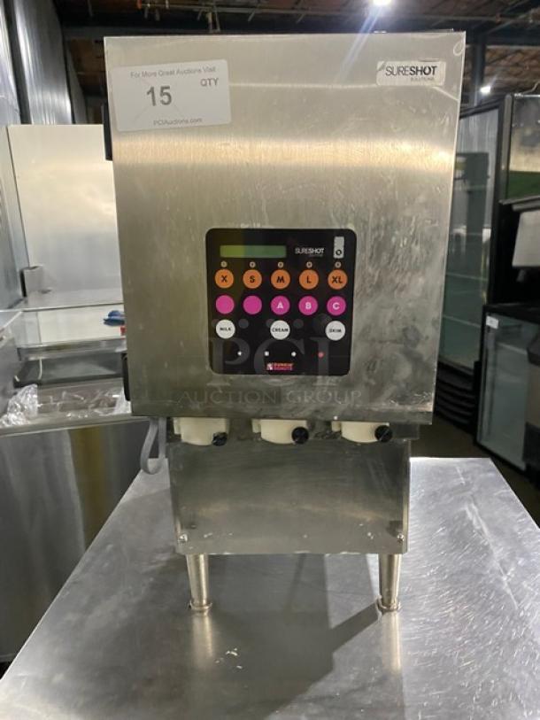 SureShot Solutions Dunkin Donuts Style Commercial Stainless Steel Countertop Refrigerated Milk/Cream Liquid Dispenser! With 3 Hoppers! Model: AC20 SN: 1521-031579! 120V 1 Phase! On Legs! - Image 1 of 8