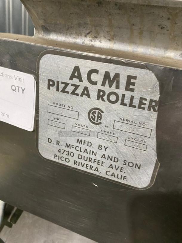 Acme 7 Series Commercial Stainless Steel Electric Powered Countertop Pizza Dough Roller/Sheeter Machine! Model: 7 SN: 7-2375! 115V 1 Phase! - Image 8 of 9