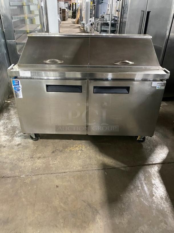 Dukers Commercial Stainless Steel 2 Door Refrigerated Bain Marie Style Mega Top Salad/Sandwich Prep Table! With Poly Coated Wire Racks! Model: DSP60 SN: DUK211103! 115V! On Casters! - Image 1 of 9