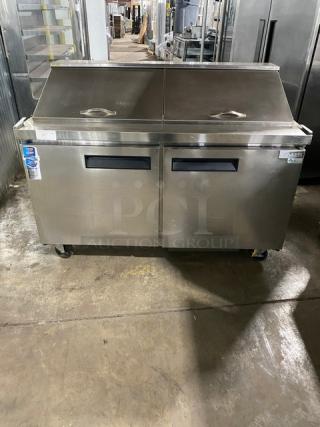 Dukers Commercial Stainless Steel 2 Door Refrigerated Bain Marie Style Mega Top Salad/Sandwich Prep Table! With Poly Coated Wire Racks! Model: DSP60 SN: DUK211103! 115V! On Casters!