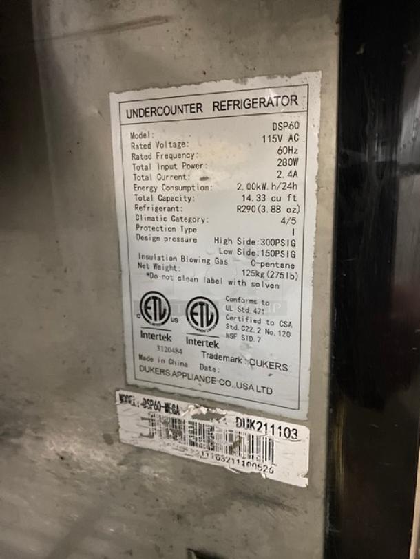 Dukers Commercial Stainless Steel 2 Door Refrigerated Bain Marie Style Mega Top Salad/Sandwich Prep Table! With Poly Coated Wire Racks! Model: DSP60 SN: DUK211103! 115V! On Casters! - Image 8 of 9