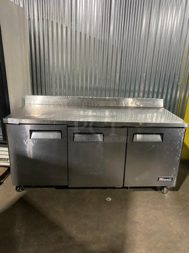 Migali Commercial Stainless Steel 3 Door Undercounter Worktop Refrigerator! With Back Splash & 72" Worktop! Model: C-U72R SN: C-U72R15032092004! 115V 1 Phase! On Casters! - Image 1 of 9