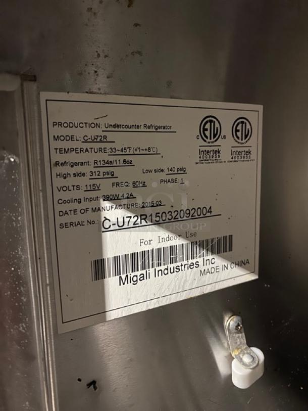 Migali Commercial Stainless Steel 3 Door Undercounter Worktop Refrigerator! With Back Splash & 72" Worktop! Model: C-U72R SN: C-U72R15032092004! 115V 1 Phase! On Casters! - Image 7 of 9
