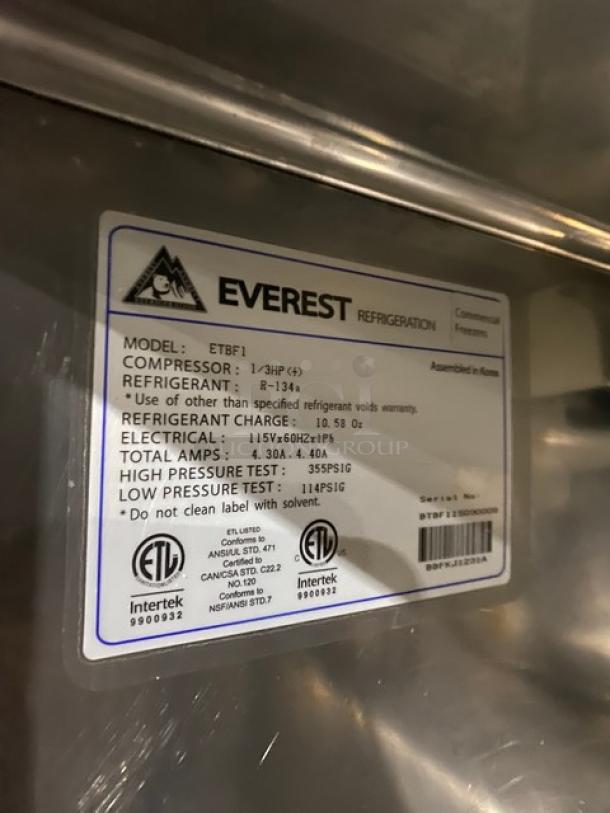 Everest Commercial Stainless Steel Single Door Undercounter Freezer! With Poly Coated Wire Rack! Model: ETBF1 SN: BTBF115090008! 115V 1 Phase! On Casters! - Image 6 of 7